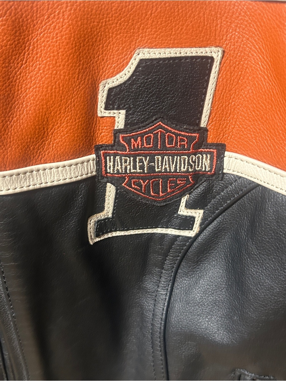 Harley Davidson Womens VICTORY LANE Leather Jacket Orange Stripe Size Small - Picture 6 of 9